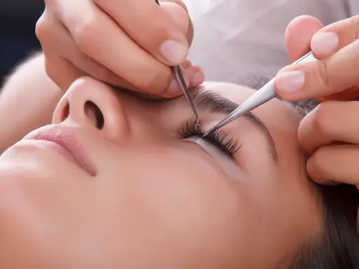 Pose de cils pour un rehaussement cil et teinture. Une esthéticienne applique des extensions avec précision.