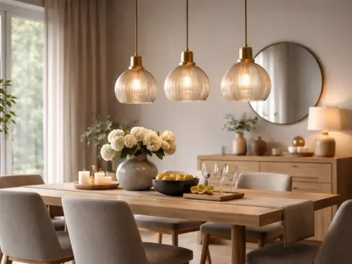 Elegancka lampa listwa wisząca nad drewnianym stołem, przy którym stoją szare krzesła. W tle komoda z dekoracjami i lustro.