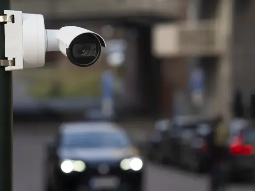 Cámara de seguridad blanca montada en poste, capturando el tráfico con su sensor global shutter.