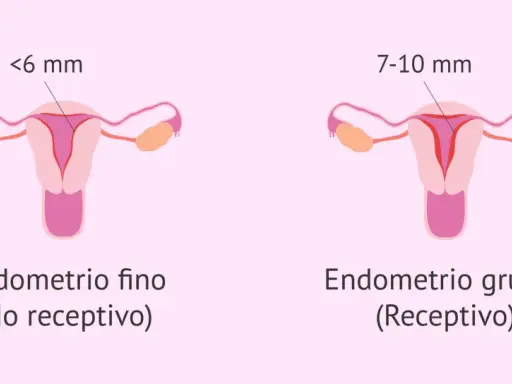 Ilustración comparativa de úteros. Uno muestra un endometrio fino (<6 mm, no receptivo), el otro un endometrio grueso (7-10 mm, receptivo).