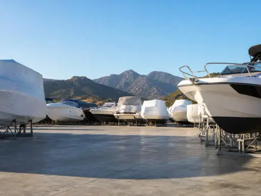 Flotte de bateaux en attente de leur hivernage, protégés sous des bâches, avec des montagnes en arrière-plan.