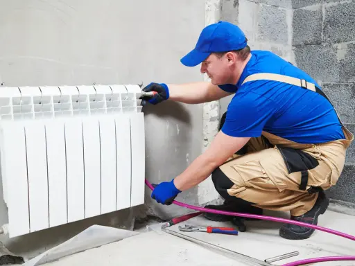 Un plombier effectue le branchement radiateur eau. Il installe un nouveau radiateur blanc sur un mur en béton.
