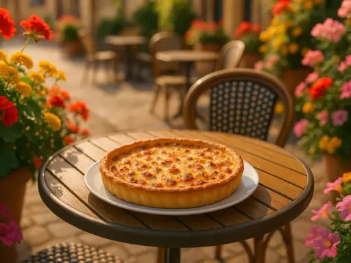 Une quiche lorraine dorée, spécialité de Metz, sur une table de terrasse fleurie.
