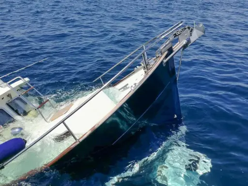 Ein **bilge boot** sinkt im tiefblauen Meer. Rettungsringe und Fender treiben im Wasser.