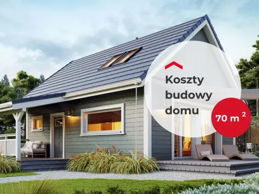 Koszty budowy domu 70m²: nowoczesny, parterowy dom z tarasem i dużymi oknami, otoczony zielenią.