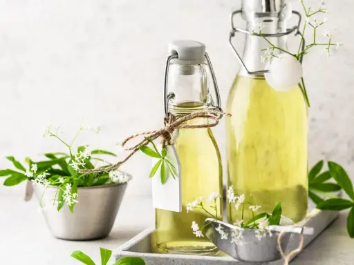 Zwei Flaschen mit selbstgemachtem Waldmeistersirup, dekoriert mit frischen Waldmeisterzweigen und kleinen weißen Blüten.