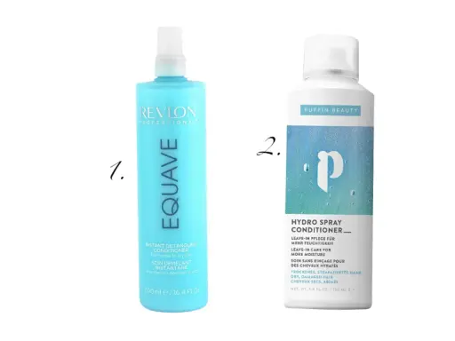Zwei Haarpflegeprodukte: Revlon Equave Instant Detangling Conditioner und Puffin Beauty Hydro Spray Conditioner, ein 2-Phasen-Spray.