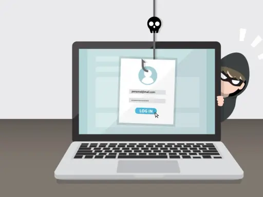Ein Hacker lauert hinter einem Laptop, der eine gefälschte Login-Seite anzeigt. Ein Fischhaken mit Totenkopf symbolisiert, wie funktioniert phishing.