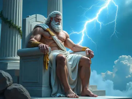 Zeus, König der Götter, thront mit mächtigem Bart und Blitz im Himmel. Ein Bild aus der Zeus Mythologie.