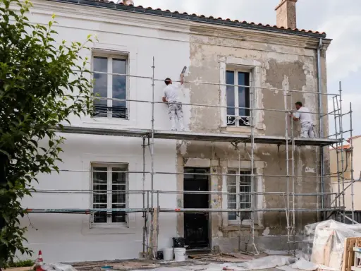 Deux ouvriers sur des échafaudages sont en train de refaire sa façade, appliquant une nouvelle couche de peinture blanche sur un mur décrépi.