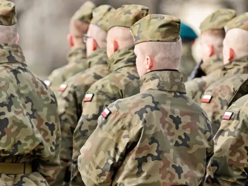 Żołnierze w mundurach polowych stoją w szeregu, widok z tyłu.