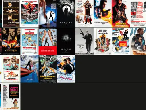 En lista över filmer med James Bond, sorterade efter kvalitet. Från "Great" till "Unwatchable", med filmaffischer som visar olika Bond-skådespelare och äventyr.
