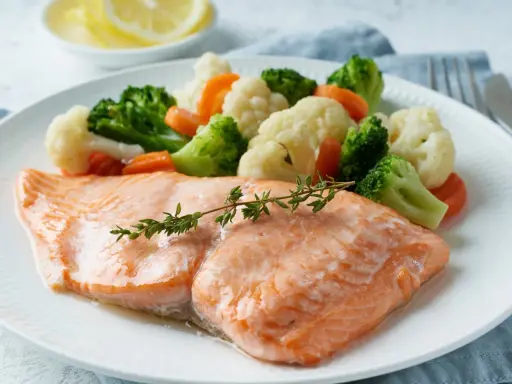 Łosoś z parowanymi warzywami: brokułami, kalafiorem i marchewką. Idealne danie na dietę GAPS.