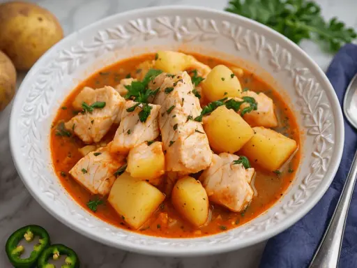 Un reconfortante plato de patatas con bacalao, con trozos de pescado blanco tierno y patatas cocidas en una sabrosa salsa roja, adornado con perejil fresco.