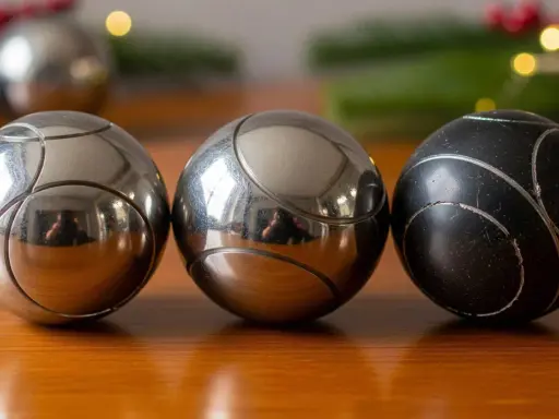 Trois boules de pétanque, deux argentées et une noire, sur une table en bois. Parfait pour un règlement pétanque simplifié.