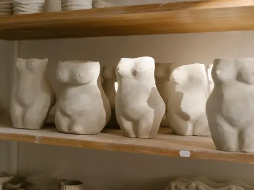 Plusieurs torses féminins en argile, une idée sculpture argile facile pour débutants, alignés sur une étagère.