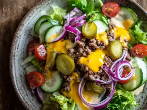 Leckerer Cheeseburger Salat mit Hackfleisch, Käse, Gurken, Tomaten und Zwiebeln auf knackigem Salatbett.