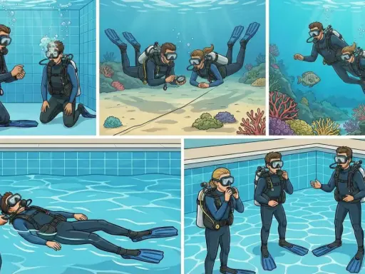 Un sommozzatore, con la sua attrezzatura, impara e pratica immersioni in piscina e in mare, esplorando fondali marini e imparando tecniche di sicurezza.