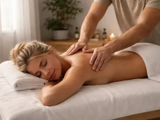Relaksacyjny masaż lędźwi dla kobiety. Dłonie terapeuty delikatnie masują jej plecy, przynosząc ulgę i odprężenie.