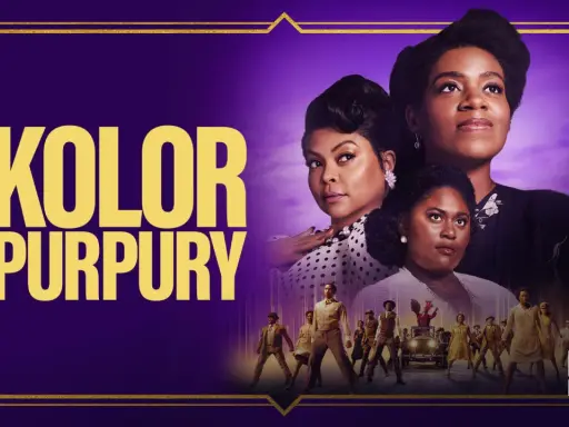 Plakat filmu "Kolor purpury" z trzema kobietami i grupą tańczących ludzi.