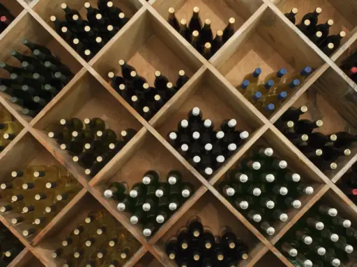 Holzregal mit vielen Flaschen Wein, ideal zum rotwein lagern. Verschiedene Sorten und Farben sind zu sehen.