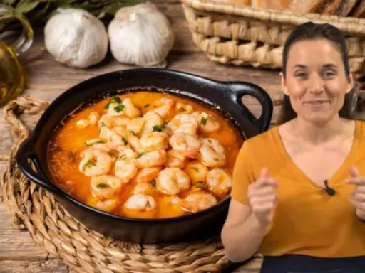 Una mujer sonríe mientras muestra cómo hacer gambas al ajillo, con un plato humeante y los ingredientes listos.