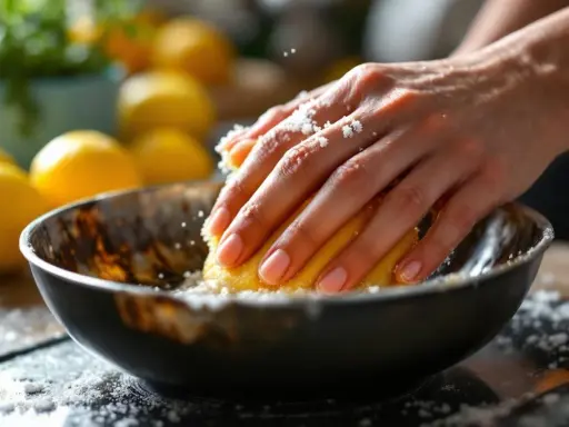 Mains frottant un citron sur un bol en cuivre pour désoxyder le cuivre. Des grains blancs tombent.