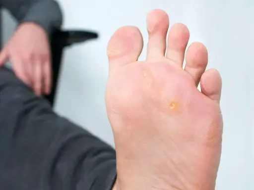 Un pied présente des cors, notamment un cors au pied bien visible sous la plante. La personne semble s'apprêter à soigner cette affection.