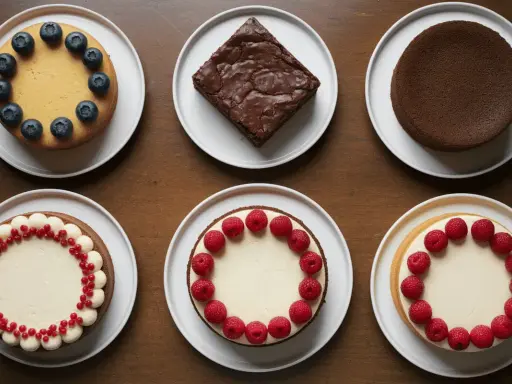Six desserts variés : un gâteau aux myrtilles, un brownie, un gâteau au chocolat, deux cheesecakes aux framboises et un autre aux groseilles. Parfait pour faire un gâteau 2 jours à l'avance !