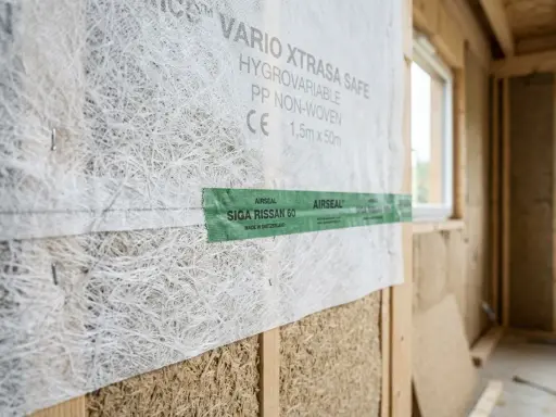 Gros plan sur une membrane hygrovariable Vario Xtrasa Safe, fixée sur une structure en bois. Un ruban vert Airseal Siga Rissan 60 est appliqué.