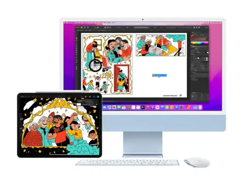 Komputer i tablet z ilustracjami, tworzące idealny zestaw do pracy twórczej. Ten **universal control** pozwala na płynne przenoszenie projektów między urządzeniami.