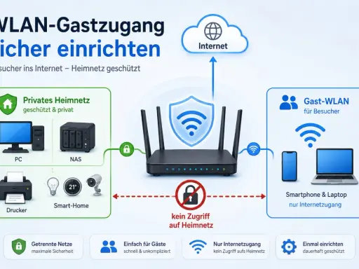 So lässt sich der WLAN-Gastzugang sicher einrichten: Gäste surfen im Internet, Ihr Heimnetz bleibt geschützt.