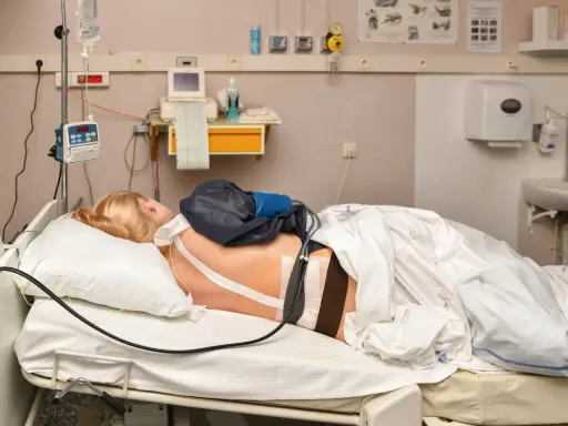 Pacjentka w łóżku szpitalnym z aparaturą medyczną. Widać cewnik z lekiem, co może być związane z pytaniem: epidural co to.