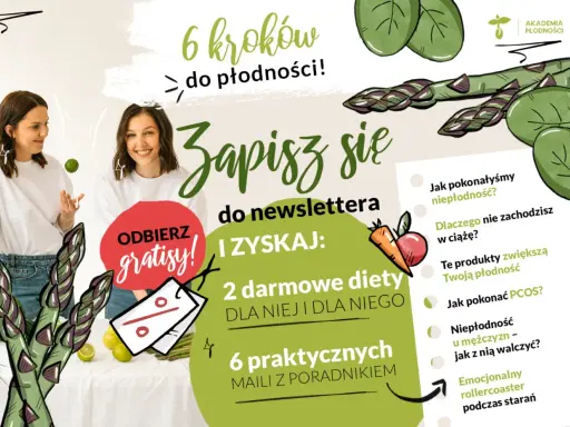 Plakat "6 kroków do płodności" zaprasza do zapisu na newsletter Akademii Płodności. Odbierz gratisy: 2 diety i 6 maili z poradnikiem.