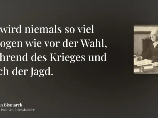 Bismarck-Zitat: "Es wird niemals so viel gelogen wie vor der Wahl, während des Krieges und nach der Jagd." Ein Bild des Reichskanzlers.