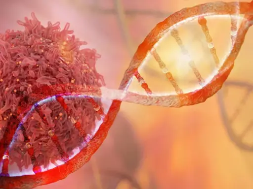 Cellula tumorale e DNA, simboli della lotta contro il cancro con l'immunoterapia oncologica.