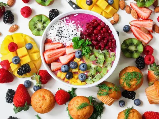 Kolorowa miska smoothie z owocami, jagodami, granatem i wiórkami kokosowymi. Obok mango, truskawki, kiwi, maliny i muffinki. Idealne owoce na noc.