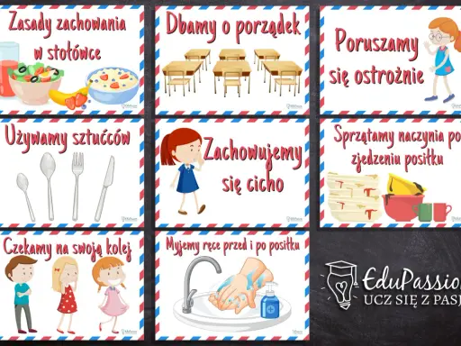 Zasady zachowania w stołówce, dbanie o porządek, poruszanie się ostrożnie, używanie sztućców, zachowanie ciszy, sprzątanie naczyń, czekanie na swoją kolej i mycie rąk to ważne zasady, które uczą starszeństwo kart.