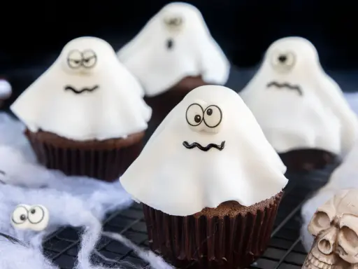 Vier schokoladige gespenster muffins mit weißen Geisterhauben und lustigen Gesichtern, dekoriert mit Spinnweben und einem Totenkopf.