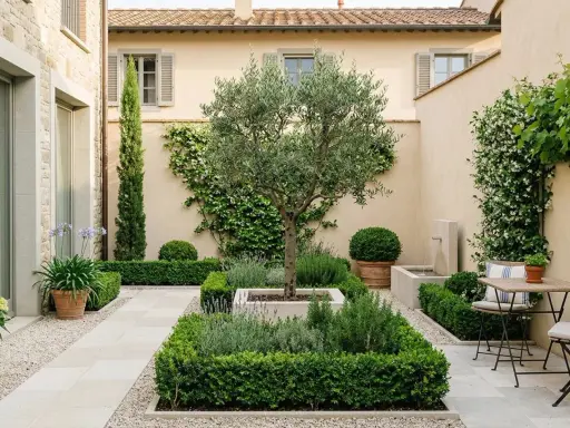 Giardino piccolo moderno con ulivo centrale, siepi squadrate, fontana e tavolino. Idee per un angolo verde raffinato.