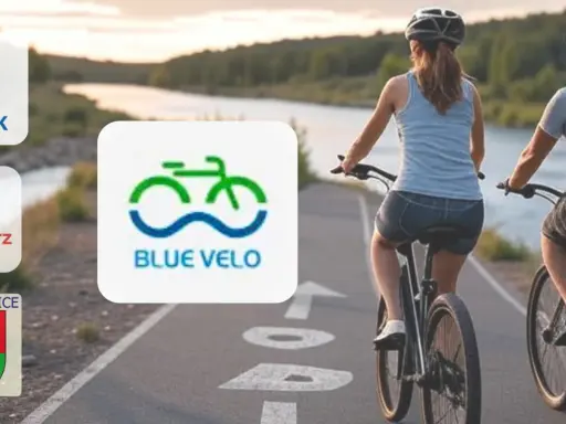 Para rowerzystów na ścieżce nad rzeką, obok logo "BLUE VELO".