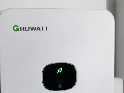 Vit Growatt-enhet med grön löv-symbol, del av ett modernt batterisystem för energilagring.