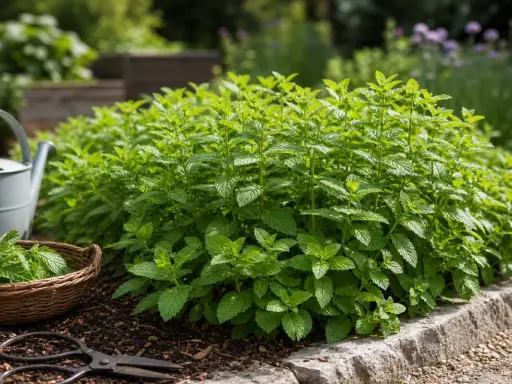 Un beau plant de menthe prospère dans un jardin, prêt à être cueilli pour des infusions rafraîchissantes. Une brouette et des ciseaux sont à proximité.