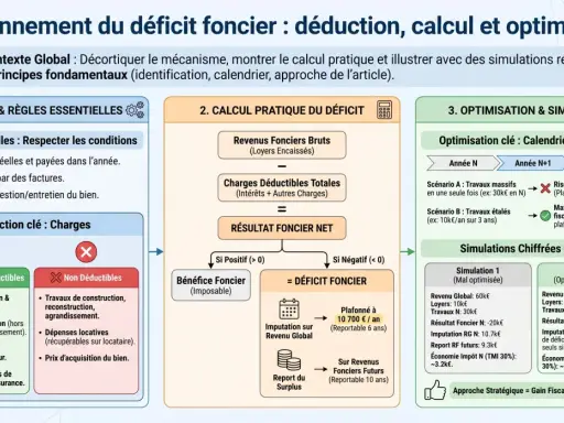 Schéma expliquant le calcul du déficit foncier, les charges déductibles et l'optimisation fiscale des travaux immobiliers.