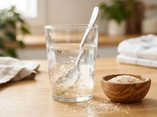 Un verre d'eau avec du psyllium, une aide naturelle contre la constipation. Une cuillère remue les graines dans l'eau.