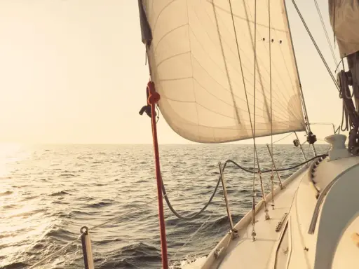 Segelboot gleitet über ruhige See im Sonnenuntergang. Die Segel sind straff gespannt, bereit für die nächste Etappe. Ein Moment der Ruhe vor dem **ausbessern der Segel** für die nächste Reise.