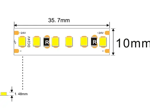Schéma technique d'une bande LED montrant sa longueur de 35,7 mm et sa largeur de 10 mm, avec une épaisseur de 1,48 mm.