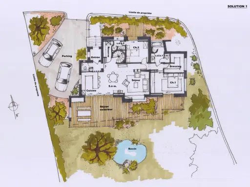 Plan maison ancienne : vue aérienne d'une maison avec parking, entrée, cuisine, séjour, chambres, salle de bain, dressing, séjour extérieur, et un bassin.