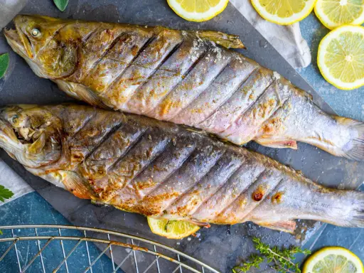 Zwei gegrillte Saiblinge liegen auf einem Steinplatte, garniert mit Zitronenscheiben und Kräutern. Perfekt für den Grill – wie lange dauert das?