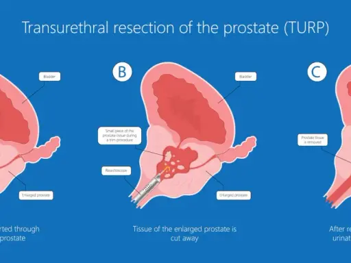 Ilustracja pokazuje etapy elektroresekcji prostaty (TURP), gdzie nadmiar tkanki jest usuwany przez cewkę moczową, przywracając prawidłowy przepływ moczu.